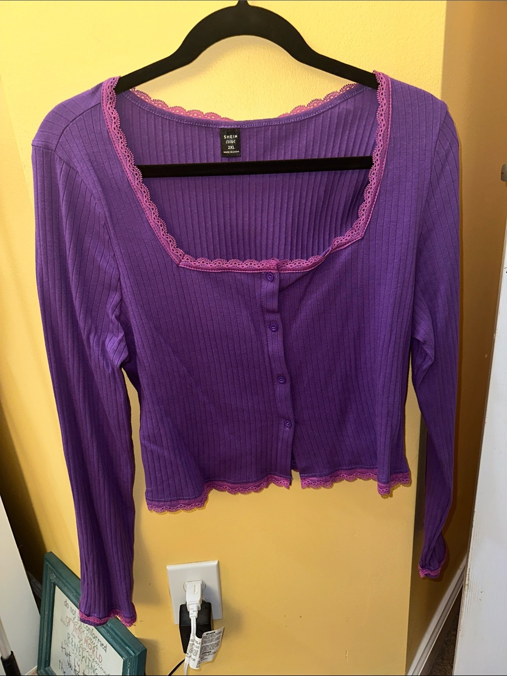 SHEIN Purple Rib-Knit Lace-Trim Button Crop Cardigan/Top